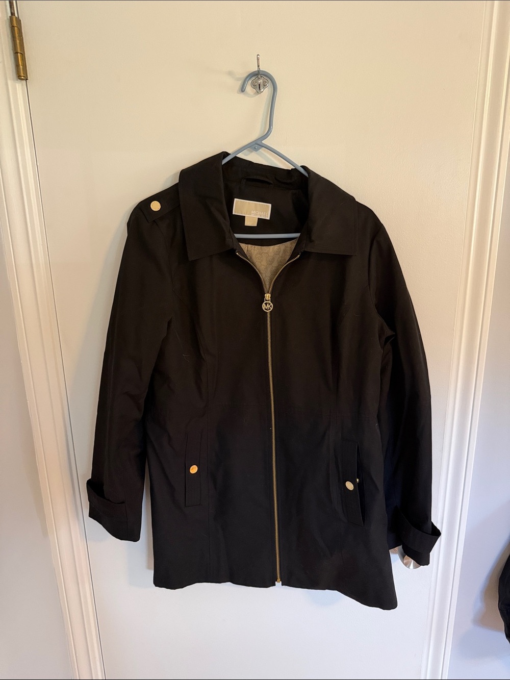 MICHAEL Michael Kors Black Mid - Trench Coat with Gold Accents